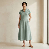Smoke Green Cotton Paneled A-Line Midi Dress