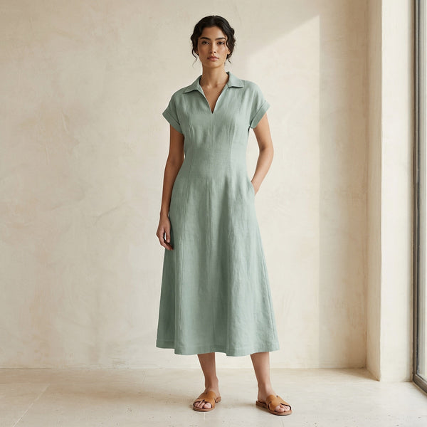 smoke green dress Cotton Paneled A-Line Midi — seamsfriendly.com lily_style_silhouette::Column