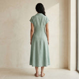 Smoke Green Cotton Paneled A-Line Midi Dress