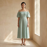 Smoke Green Cotton Puff Sleeves Off-Shoulder Midi Dress