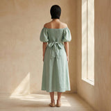 Smoke Green Cotton Puff Sleeves Off-Shoulder Midi Dress