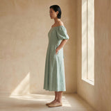Smoke Green Cotton Puff Sleeves Off-Shoulder Midi Dress