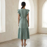 Smoke Green Cotton Ruffle Midi Wrap Dress
