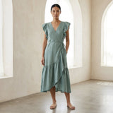 Smoke Green Cotton Ruffle Midi Wrap Dress