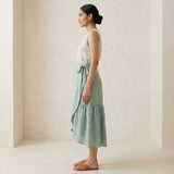 Smoke Green Cotton Ruffle Midi Wrap Skirt