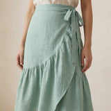 Smoke Green Cotton Ruffle Midi Wrap Skirt