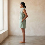 Smoke Green Cotton V-Neck Short Shift Dress with Scarf-Belt