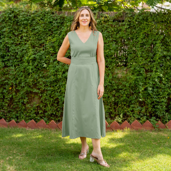 Buy Smoke Green Cotton V-Neck Sleeveless Maxi Dress Online at SeamsFriendly