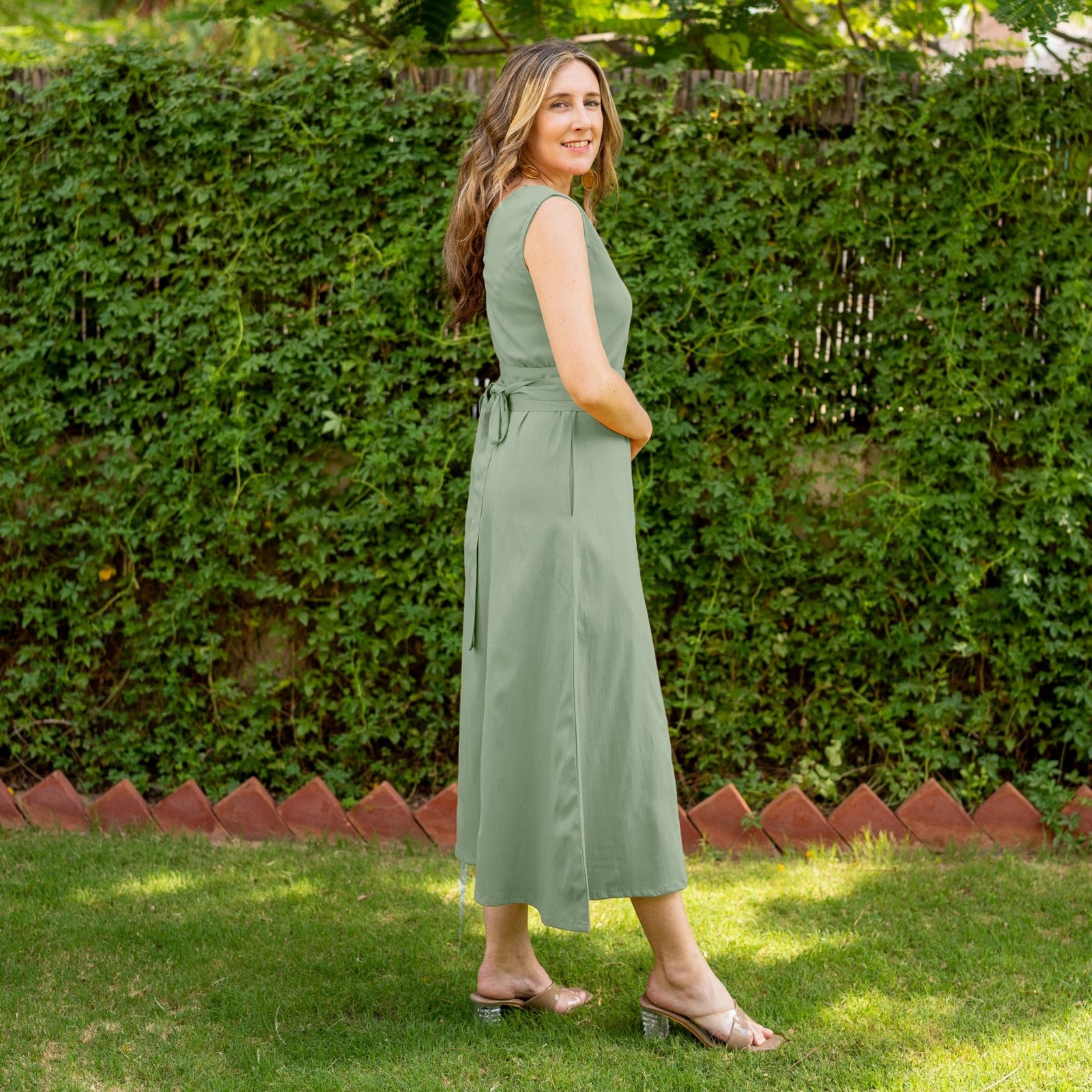 Smoke Green Cotton V-Neck Sleeveless Maxi Dress 28" / Custom Height (Free) Smoke Green Cotton V-Neck Sleeveless Maxi Dress 28" / Custom Height (Free)