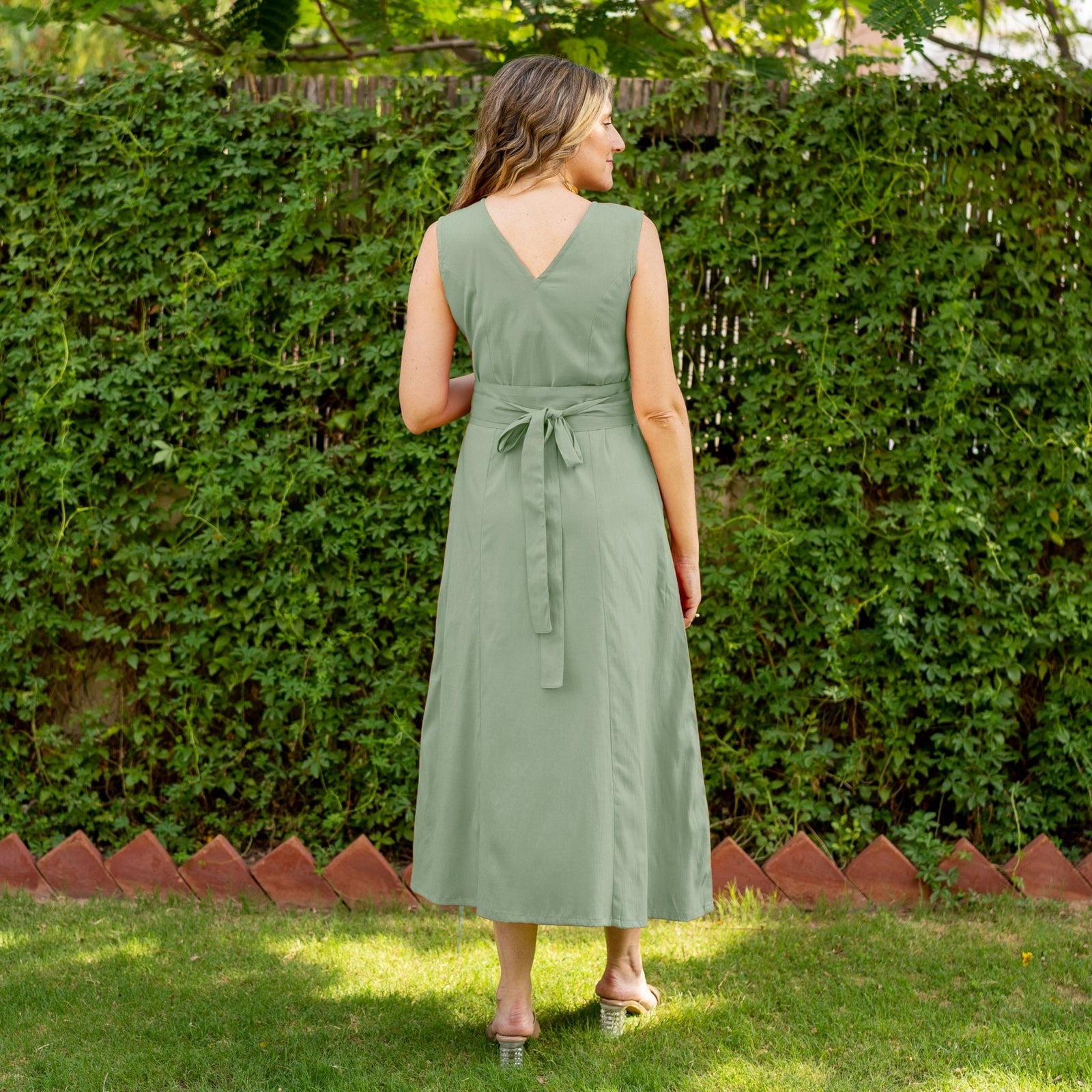 sleeveless dress green Smoke Cotton V-Neck Maxi 66