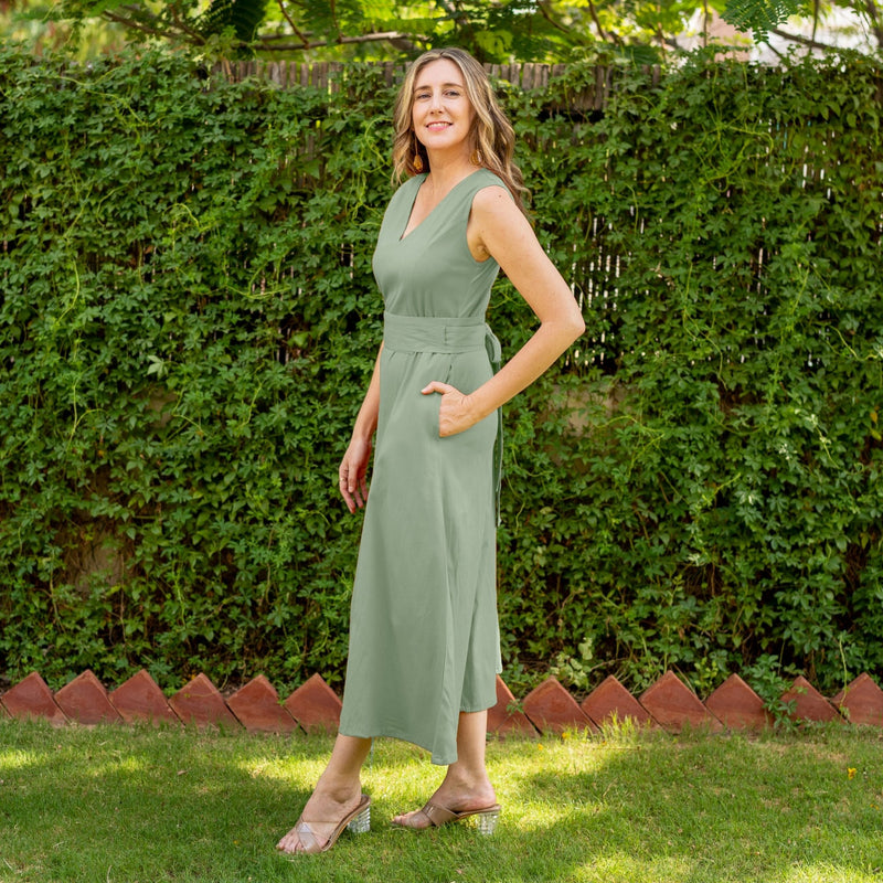 Smoke Green Cotton V-Neck Sleeveless Maxi Dress 34" / Custom Height (Free) Smoke Green Cotton V-Neck Sleeveless Maxi Dress 34" / Custom Height (Free)