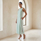 Smoke Green Cotton Wavy Stripe Maxi Shift Dress