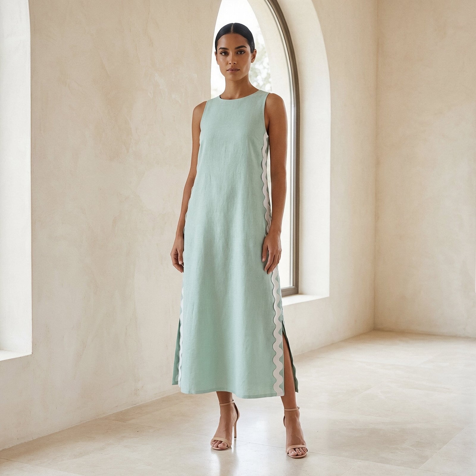 Smoke Green Cotton Wavy Stripe Maxi Shift Dress 36" / Tall (5'7" and above)