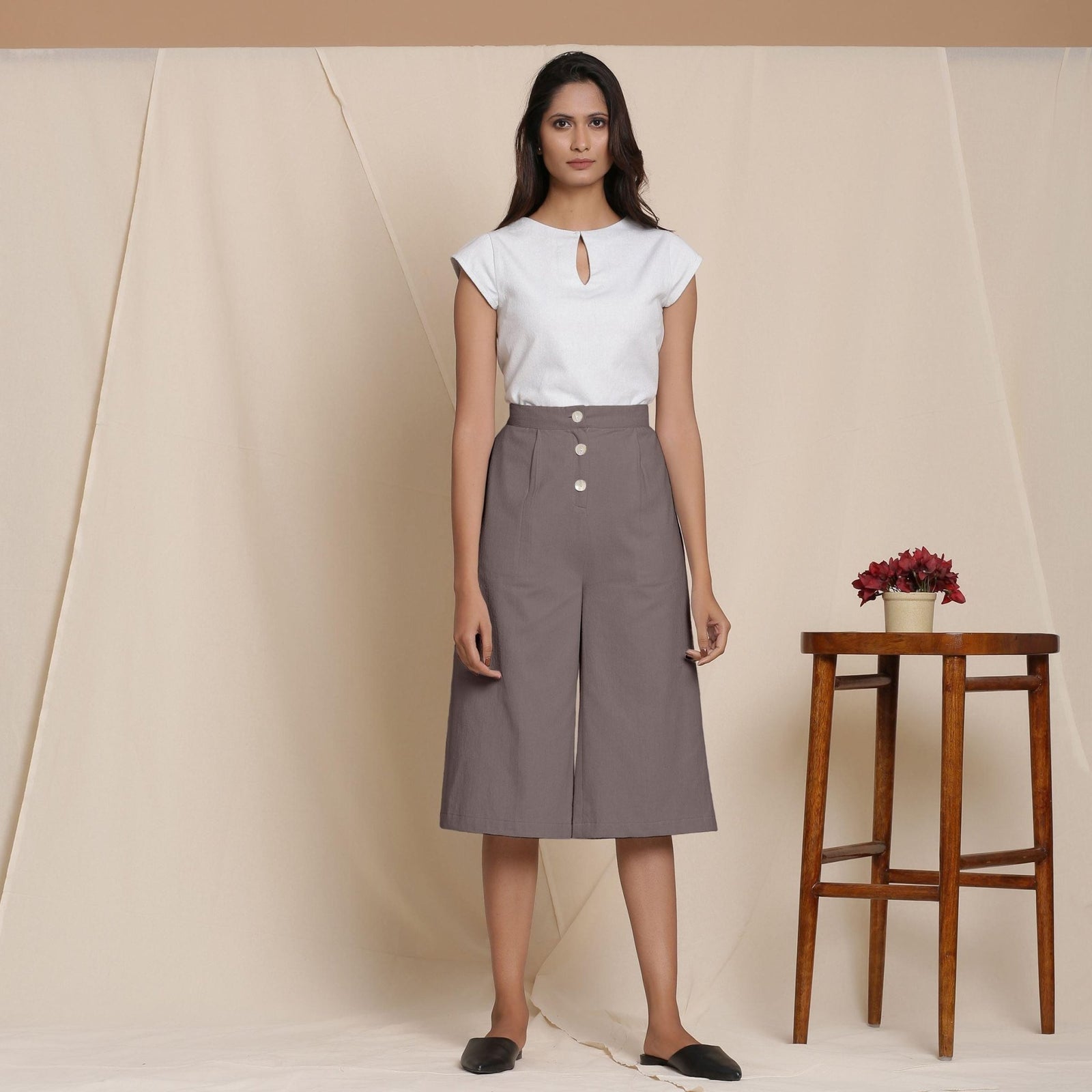 Buy Solid Ash Grey Warm Cotton Flannel High-Rise Culottes Online