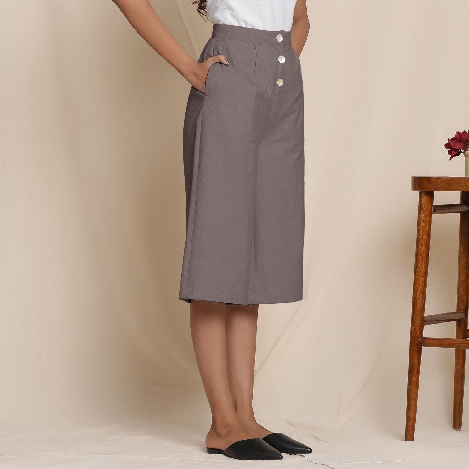 Buy Solid Ash Grey Warm Cotton Flannel High-Rise Culottes Online