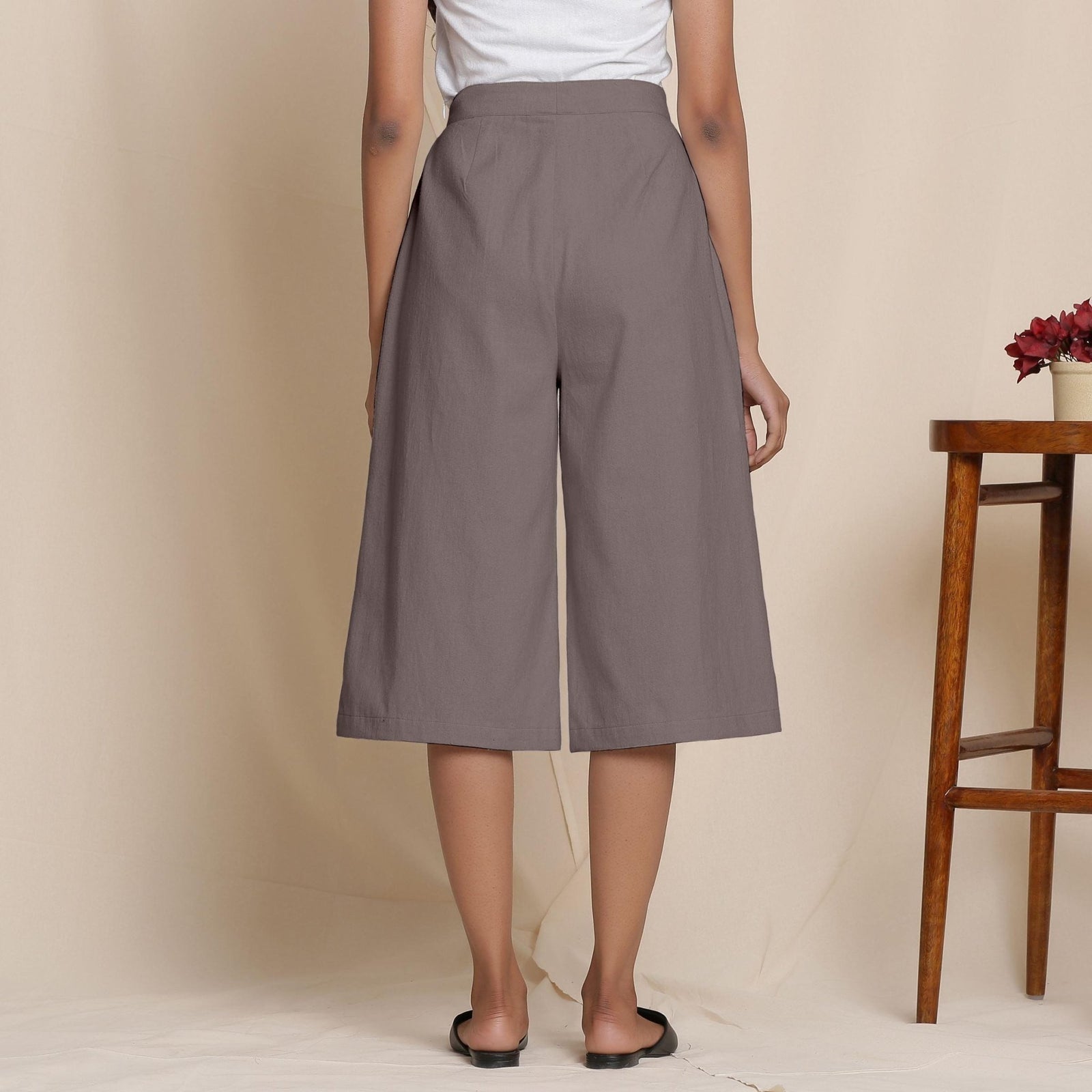 Buy Solid Ash Grey Warm Cotton Flannel High-Rise Culottes Online