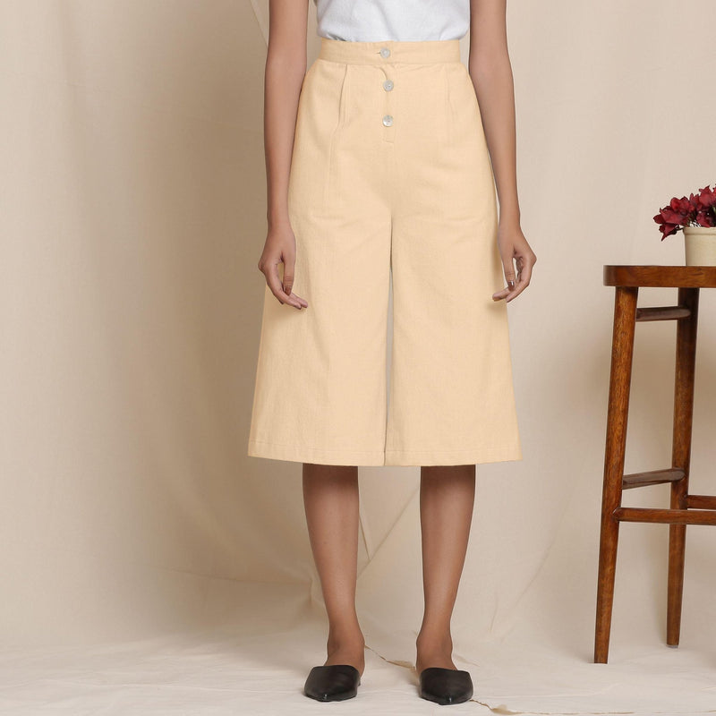 Front View of a Model wearing Warm Cotton Flannel Beige Culottes