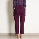 Back View of a Model wearing Solid Berry Wine Warm Cotton Tapered Pant