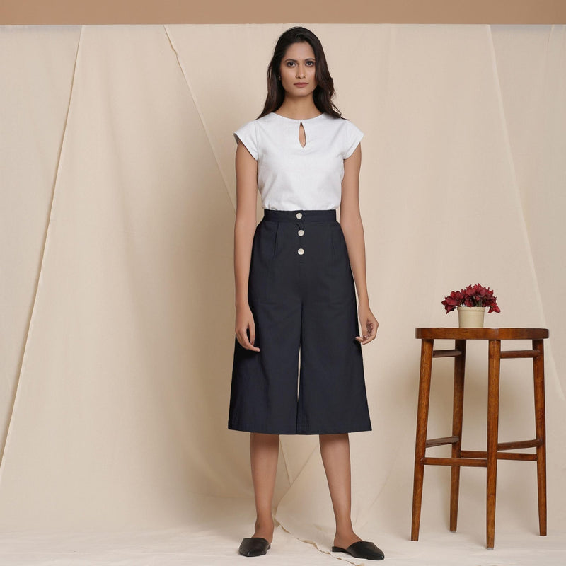 Front View of a Model wearing Warm Cotton Flannel Black Culottes