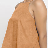 Front Detail of a Model wearing Solid Desert Yellow 100% Linen Relaxed Spaghetti Top