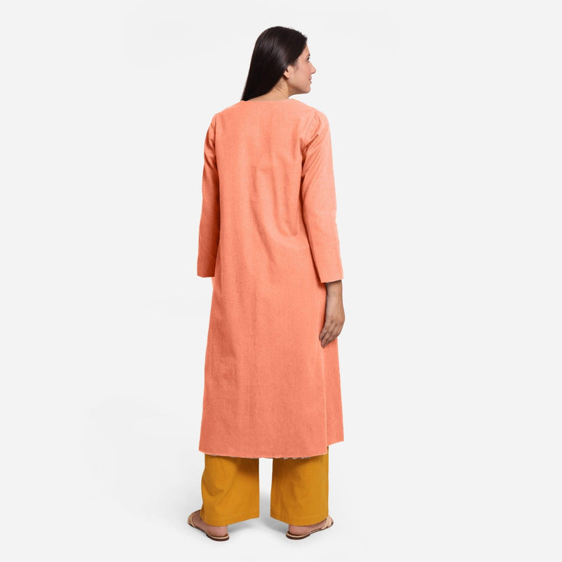 Back View of a Model wearing Peach Cotton Flax Mid-Calf Length A-Line Jacket