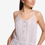 Front Detail of a Model wearing Button-Down Strappy Cotton Playsuit