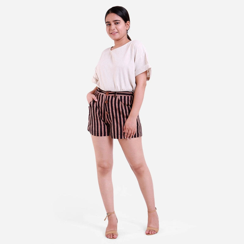 Front View of a Model wearing Striped Bagru Block Print Shorts Cotton Shorts