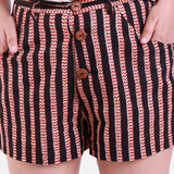 Front Detail of a Model wearing Striped Mobile Pocket Bagru Short Shorts