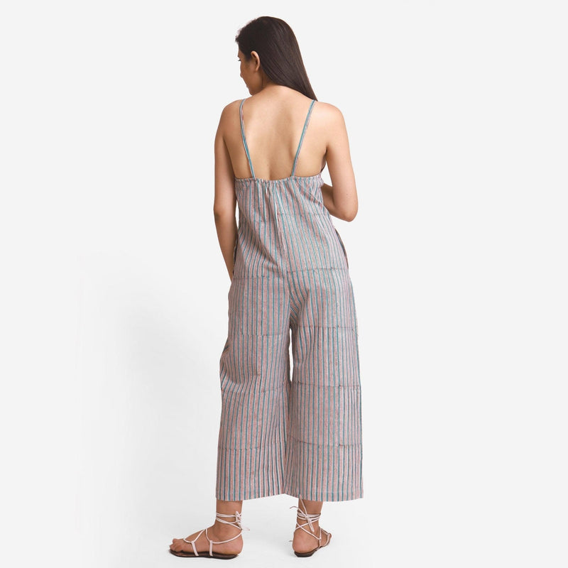 Back View of a Model wearing Striped Block Print Cotton Camisole Midi Jumpsuit