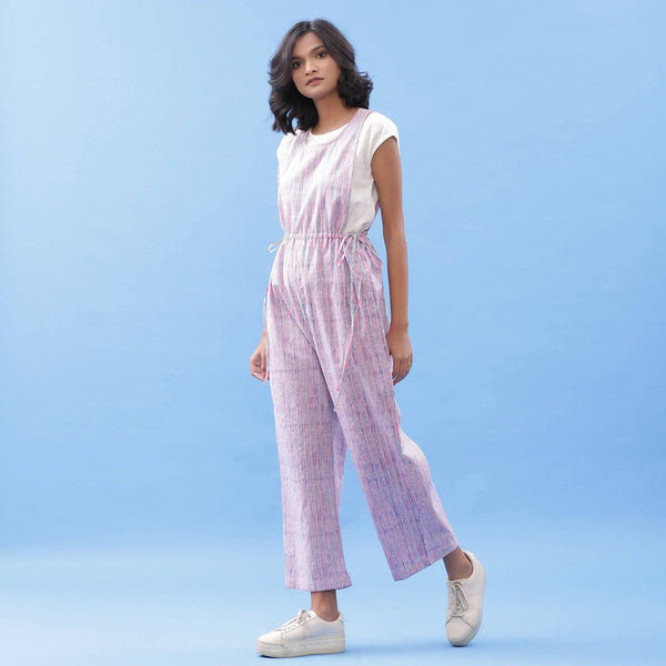 Front View of a Model wearing Striped Block Printed Tie Up Pinafore Jumpsuit