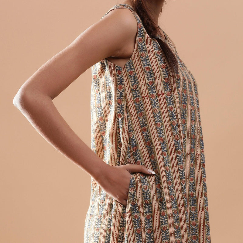 Right Detail of a Model wearing Striped Kalamkari Tiered Cotton Dress