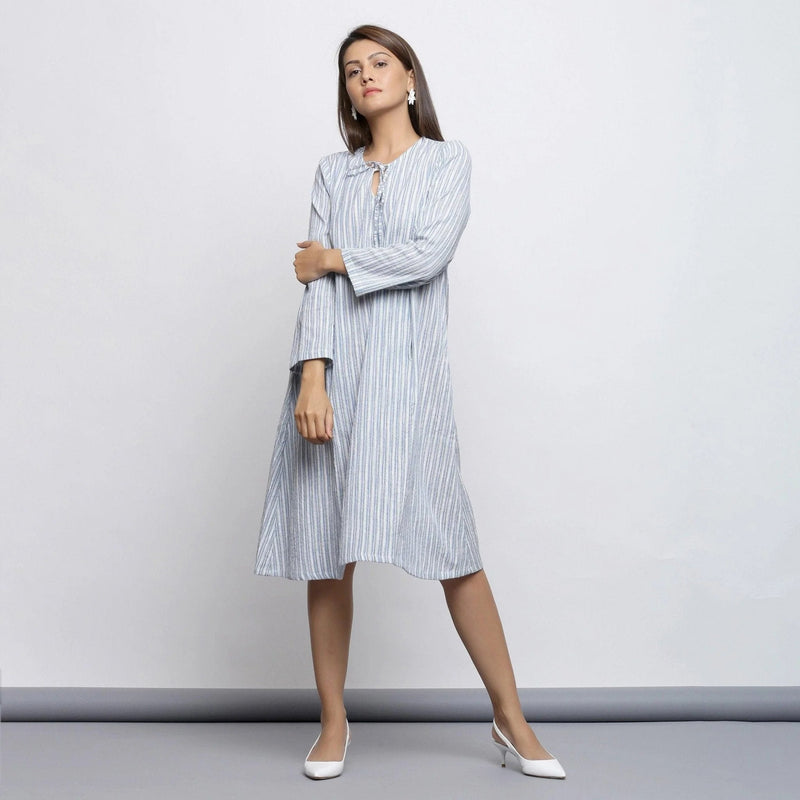 Striped Crinkled Cotton Knee Length Princess Line Dress Striped Crinkled Cotton Knee Length Princess Line Dress