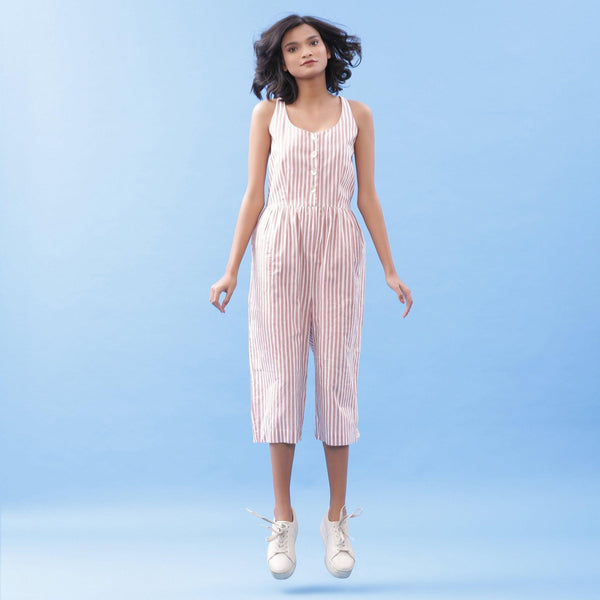 Front View of a Model wearing Striped Pink Cotton Button-Down Jumpsuit