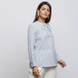 Right View of a Model wearing Striped Yarn Dyed Cotton Tie Neck Cuff Sleeve Top