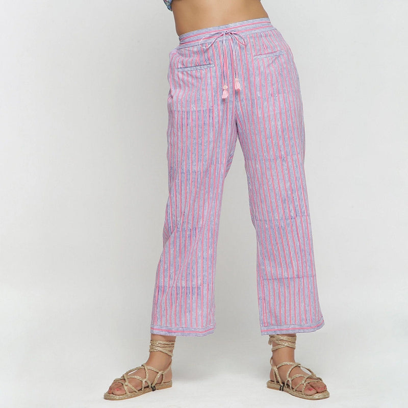 Front View of a Model wearing Pink and Blue Block Printed Cotton Pant