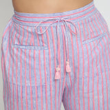 Front Detail of a Model wearing Pink and Blue Block Printed Cotton Pant