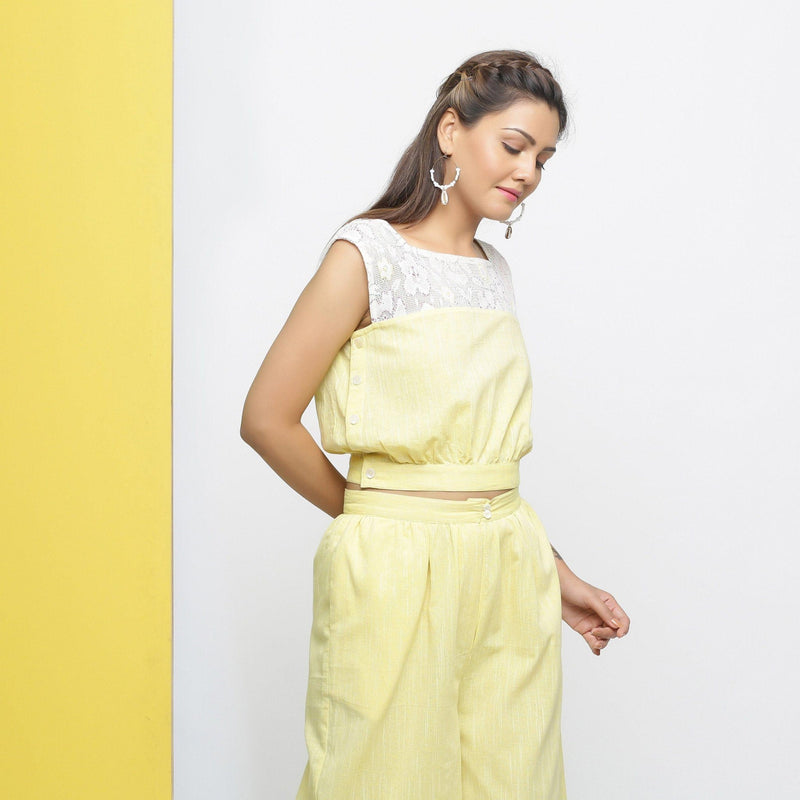 Right View of a Model wearing Sunny Yellow Crop Top and Culottes Set