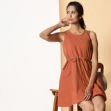 Front View of a Model wearing Sunset Orange Warm Cotton Corduroy Short Dress