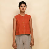 Front View of a Model wearing Sunset Rust Corduroy Button-Down Short Top'