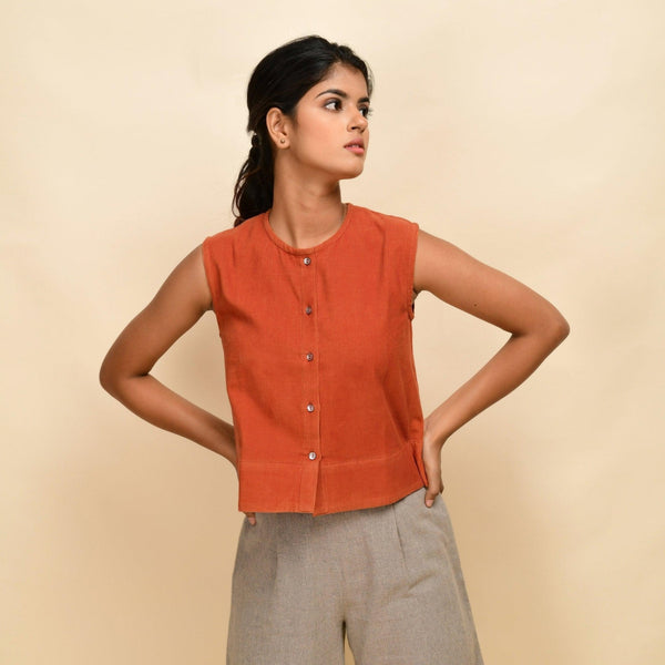 Front View of a Model wearing Sunset Rust Warm Cotton Corduroy Button-Down Short Top