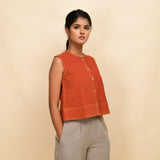 Right View of a Model wearing Sunset Rust Corduroy Button-Down Short Top