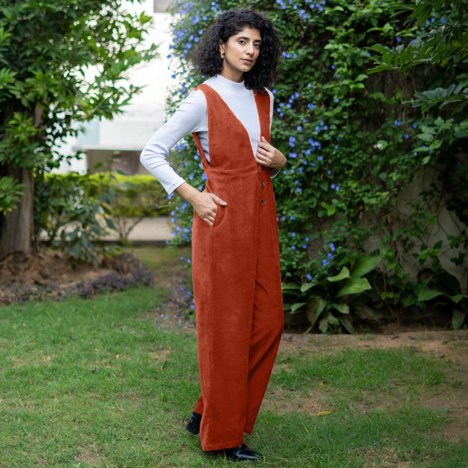 Buy Sunset Rust Warm Cotton Corduroy Deep Neck Pinafore Jumpsuit