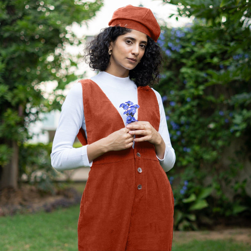 Sunset Rust Warm Cotton Corduroy Deep Neck Pinafore Jumpsuit 42" / Custom Height (Free) Sunset Rust Warm Cotton Corduroy Deep Neck Pinafore Jumpsuit 42" / Custom Height (Free)