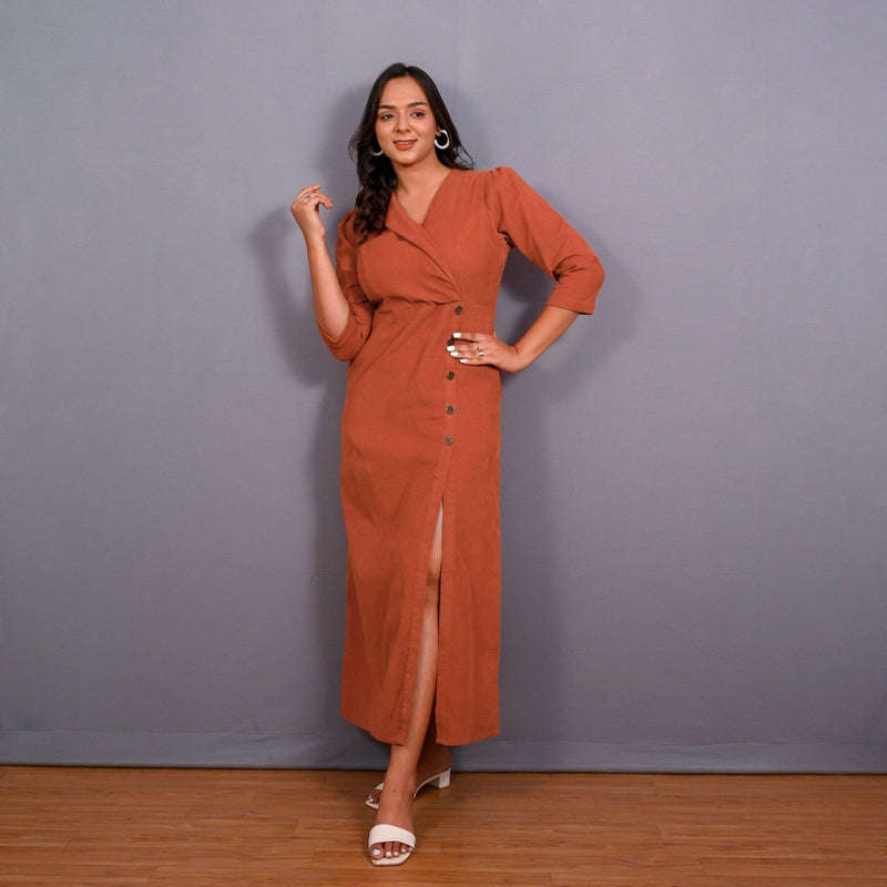 Front View of a Model wearing Sunset Rust Warm Cotton Corduroy Front Slit Maxi Dress