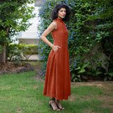 Sunset Rust Warm Cotton Corduroy High-Neck Sleeveless Slit Dress