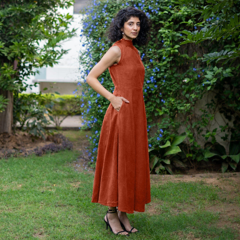 Sunset Rust Warm Cotton Corduroy High-Neck Sleeveless Slit Dress