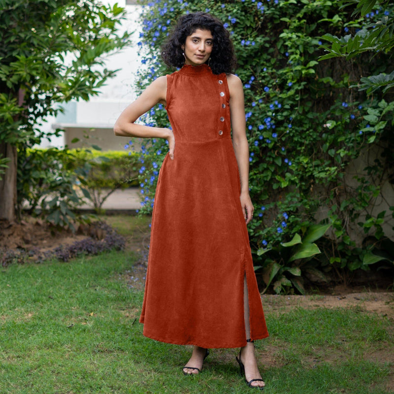 Sunset Rust Warm Cotton Corduroy High-Neck Sleeveless Slit Dress 30 Sunset Rust Warm Cotton Corduroy High-Neck Sleeveless Slit Dress 30