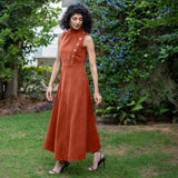 Sunset Rust Warm Cotton Corduroy High-Neck Sleeveless Slit Dress