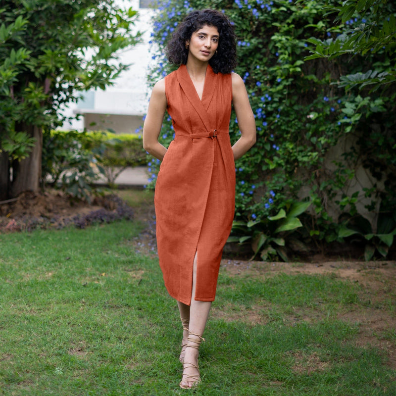 Buy Sunset Rust Warm Cotton Corduroy Sleeveless Midi Blazer Dress