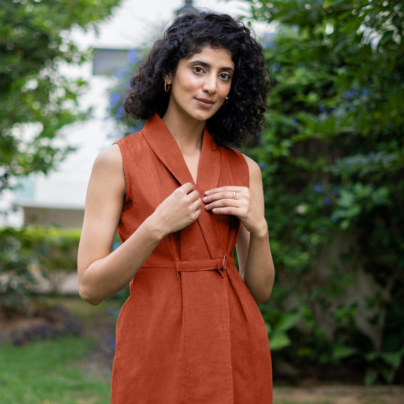 Sunset Rust Warm Cotton Corduroy Sleeveless Midi Blazer Dress